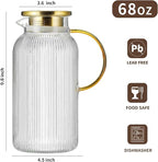 2 PACK Glass Pitcher with Lid, 68 oz/ 2 Liter Classic Vertical Stripes Water Pitcher with Handle,Glass Water Carafe for Cold Brew, Coffee, Lemonade, Iced Sun Tea,Beverage,Heat Resistant