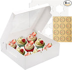 9-Count White Cupcake Boxes with Window and Insert, 9x9x3 Inch, Set of 8, Suitable for Cupcakes, Muffins, and Cookies