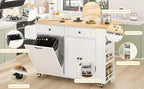 60'' Rolling Kitchen Island with Drop Leaf, Storage Islands Cart with Tilt Out Trash Can Cabinet, Rubber Wood Tabletop, Knife Holder, Wheels, White