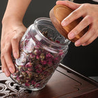 24 OZ/4 PCS Glass Storage Jar with Airtight Bamboo Wooden Lids, Vintage Food Containers Canisters Sets for Kitchen Counter Pantry, Sugar, Flour, Candy, Tea, Coffee Beans, Oats, Grain Bin, Pasta,