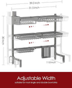 Dish Drying Rack - Over The Sink Dish Drainer Drying Rack with Utensil & Knife Holder, Hooks, Stainless Steel Kitchen Organizers and Storage Solution, 11.8" D x 31.5"~39.0''W x 30" H, Gray