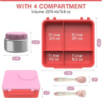 Bento Box for Kids - Leak-Proof Bento Lunch Box with Insulated Thermos Food Jar - 4 Compartments, 1 Removable Divider, 1Spoon, 1 Fork - Dishwasher Safe, BPA-Free (Pink)
