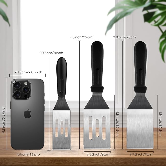 Metal Spatulas 2 Pieces, Stainless Steel Spatula with Heat Resistant Handle, 9.8 Inch Stainless Steel Spatula Ideal for Desserts, Pancakes, Eggs, Griddle Scraper or BBQ