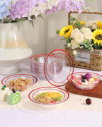100 Pack clear Plastic Bowls with Red Rim, 12oz Disposable Soup Bowls, Heavy Duty Dessert Bowls for Christmas, Parties, Dinners, Catering, Thanksgiving