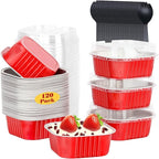 120pack 5oz Mini Cake Pans with Lids,LNYZQUS Foil Cupcake Cups Small Brownie Baking Tins,Square Disposable Ramekins Cheesecake Containers for Christmas-Red