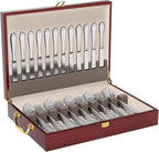 Wooden Silverware Storage Box With Lid, Cutlery Case With Handle & Felt Lined, Silver Flatware Chest for 12 Sets of Utensil for Forks, Knives, Spoons, Kitchen and Dining Organizer, Brown