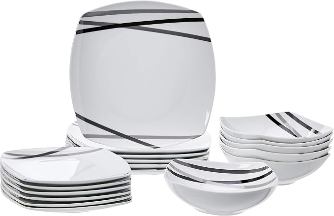 Amazon Basics Square Dinnerware Set for 6, Plates and Bowls for Kitchen, 18-Piece, Dishwasher and Microwave Safe, Modern Beams by Amazon Basics