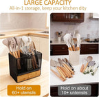 Kitchen Utensil Holder, 2-In-1 Large Utensil Holder Counter & Drawer Silverware Organizer Kitchen Countertop, 6 Compartment Caddy for Cooking and Flatware, With Quick Dry Diatomite Pad