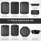 11-Piece Baking Pans Set, Nonstick Bakeware Sets, Oven Pans for Baking with Silicone Handles, Includes Cookie Sheet, Cake Pans, Loaf Pan, Pizza Pan, Muffin Pan, Khaki&Black