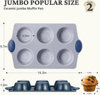 BRONYPRO 2-Pack Jumbo Ceramic Muffin Pans, 6-Cup Nonstick Aluminized Steel Cupcake Pans, Healthy Non-Toxic Ceramic Coating Muffin tin, Oven Safe to 500°F, Blue