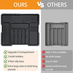 Homecor Silverware Organizer - Expandable Large Kitchen Drawer Organizer Utensil Organizer with 2 Removable Knife Blocks, 22"x 19"Cutlery Tray Drawer Dividers for Kitchen Flatware(6-9 Slots) (Black)