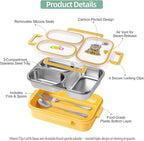 Stainless Steel Bento Lunch Box for Kids, 26.4 oz Leak-Proof 3-Compartment Metal Bento Box, BPA-Free, Cute Cartoon Meal Prep Snack Container with Utensils for School, Office, Travel - Yellow
