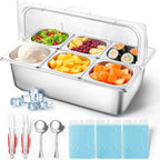 Stainless Steel Ice Food Serving Display Container 6 Pans 3 Ice Packs Cooled Condiment Dispenser Cold Serving Appetizer Buffet Organizer (6 Pans)