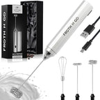 Zulay Froth N Go Milk Frother Rechargeable - 3-in-1 Frother Wand With Case & USB-C Charger - Comes With 3 Whisk Attachments for Latte, Cappuccino, Matcha, Protein Shakes - Silver