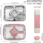 QIBONGS-Stainless Steel Tray Bento Lunch Box with Sauce Cup Drop-Proof, Leak-Proof 4 Compartments Container for Work, Travel, Dishwasher Safe, Made with Food-Safe Materials (Pink)