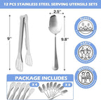 12PCS Stainless Steel Serving Utensils Sets,8 Large Serving Spoons,4 Serving Tongs,Silver Serving Utensills Sets for Buffet Catering Banquet Party (Silver)