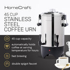 HomeCraft 45-Cup Coffee Urn and Hot Beverage Dispenser with Double Dripless Faucet, Quick-Brewing, Stainless Steel