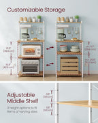 VASAGLE Kitchen Bakers Rack with Power Outlet, Coffee Bar 4-Tier with 8 S Hooks, Microwave Stand, Adjustable Shelf, for Small Spaces, Golden Oak and Cloud White UKKS014Y01V1