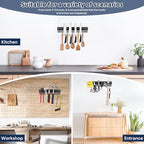12 Inch Magnetic Knife Holder with 5 Hooks, No Drilling Black Magnetic Strip and Utensil Hanger for Wall