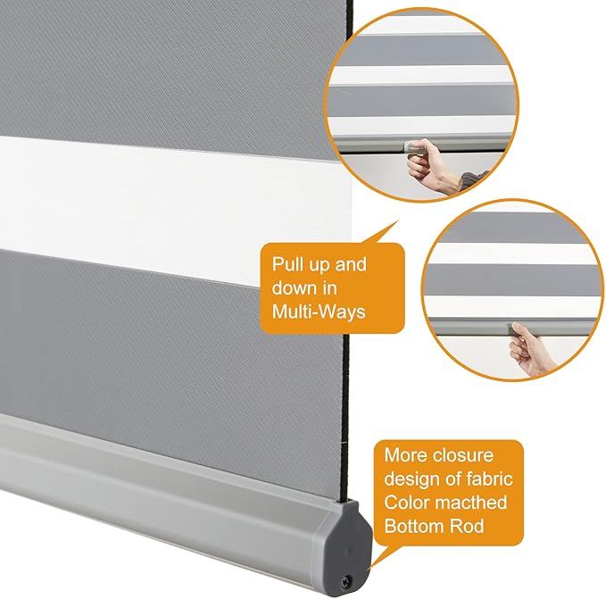 Persilux Cordless Zebra Blinds for Windows (58" W X 72" H, Grey) Free-Stop Roller Windows Shades Dual Layer Light Control for Day and Night, Light Filtering Sheer Shades for Home