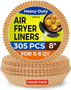 Vailnd Air Fryer Liners Disposable, 305 PCS 8" Round Unbleached Air Fryer Paper Liners, Heavy-Duty Air Fryer Liners for 5-8 qt Basket, Non-stick & Oil-Proof Parchment Paper for Oven, Pan