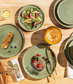 TheTerra Ceramic Dinnerware Sets for 6, 18 Pieces Handmade Reactive Glaze Plates and Bowls Set, Scratch Resistant Dish Set, Oven & Microwave & Dishwasher Safe, Brown Green