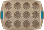 Rachael Ray 47578 Cucina Nonstick Bakeware Set with Grips Includes Nonstick Bread Pan, Baking Sheet, Cookie Sheet, Baking Pans, Cake Pan and Muffin Pan - 10 Piece, Latte Brown with Agave Blue Grips