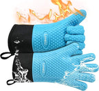 Kitchen Oven Gloves - Dual-Layer Heat Resistant Grilling Gloves, Silicone Oven Mitts with 5 Fingers, Waterproof Non-Slip Pot Holder for Barbecue, Cooking, Baking (Blue, Long)
