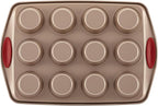 Rachael Ray Cucina Nonstick Bakeware Set Baking Cookie Sheets Cake Muffin Bread Pan, 10 Piece, Latte Brown with Cranberry Red Grips