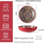YUN TAO Large Serving Bowls,10 inch Porcelain Bowls, 75 Oz Capacity, Vibrant Red Hue - Microwave and Dishwasher Safe for Salad, Pasta, Entertaining and Party (Set of 2)