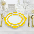 100 PCS White and Yellow Disposable Plates for 50 Guests, Scalloped Plastic Plates Include 50 Dinner Plates and 50 Dessert Plates for Party, Wedding