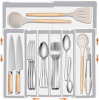 Silverware Organizer - Expandable Silverware Tray for Drawer, Adjustable Utensil Drawer Organizer for Forks, Knives, Kitchen Organizers and Storage, White