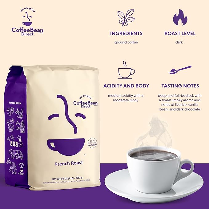 Coffee Bean Direct French Roast, Ground Coffee, Dark Roast, 5 Pound Bag (Pack of 1)