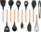 11-Piece Silicone Kitchen Utensils Set with Non Toxic Spatula, Tongs, Whisk, Turner & Ladle – Heat Resistant, Non-Scratch Cooking Tools with Wooden Handles, BPA-Free, Dishwasher Safe (Black)