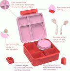 Bento Box for Kids - Leak-Proof Bento Lunch Box with Insulated Thermos Food Jar - 4 Compartments, 1 Removable Divider, 1Spoon, 1 Fork - Dishwasher Safe, BPA-Free (Pink)