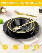 100 Pack Black Disposable Bowls with Gold Rim, 12oz Black Plastic Soup Bowls for Party, Wedding, Holiday,And Halloween