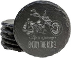 Coast in Style: Rustic Slate Coasters with Motorcycle Design - Round Slate - Set of 4