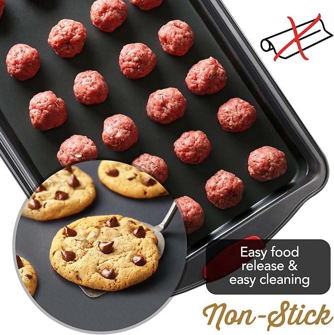Baking Sheet Set, 2-Piece Cookie Sheet Set with Silicone Handles, Steel Baking Pan, Durable Baking Sheets for Oven, BPA Free Cookie Sheets for Baking Nonstick Set, Premium Sheet Pan, Black Baking Tray