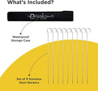 O-Yaki Flat Metal Kabob Skewer for Grilling – Set of 8 BBQ Skewers Stainless Steel with Storage Bag, Dishwasher Safe Skewers with Hook Handle & Sharp Tip for Outdoor BBQ, Cookouts & Oven Use – 9 Inch