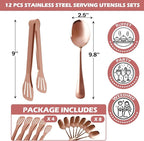 12PCS Stainless Steel Serving Utensils Sets,8 Large Serving Spoons,4 Serving Tongs,Rose Gold Serving Utensills Sets for Buffet Catering Banquet Party (Rose Gold)