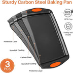 3-Pack Baking Sheet Pan Set, Nonstick Cookie Sheets with Orange Silicone Handles, Easy to Clean Bakeware Trays for Oven Roasting & Baking