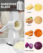 3-in-1 Rotary Cheese Grater Handheld, Lightweight Body with 3 Stainless Steel Blades & Non-Slip Suction Base, for Shredding Parmesan, Slicing Vegetables, Grating Chocolate（White）