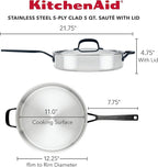 KitchenAid 5-Ply Clad Stainless Steel Stainless Steel Induction Saute Pan with Lid, 5 Quart - Polished Stainless Steel