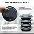 Klex 24 Oz, 150 Sets Meal Prep Containers with Airtight Lids, BPA Free, Reusable Plastic Food Container, 24 oz, Round, Black/Clear, 150 Sets