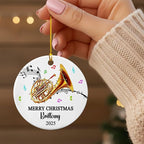 Custom Text Year Name French Horn Player Ceramic Ornament, Personalized French Horn Instrument Xmas Ornaments Gift for Daughter Son Brother Sister, Unique Musical Instrument Lover Christmas Ornament