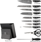 Damascus Knife Set with Block for Kitchen, VG10 Steel Chef Knife Set with Triple-Rivet Handles, Knife Sharpener, Natural Ash Wooden Knife Block, 10PCS