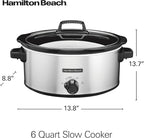Hamilton Beach 6-Quart Slow Cooker with 3 Cooking Settings, Dishwasher-Safe Stoneware Crock & Glass Lid, Silver (33665G)