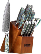 13-Piece Awabi Knife Block Set – Premium VG-10 Damascus Steel Knives with Abalone Shell Resin Handles