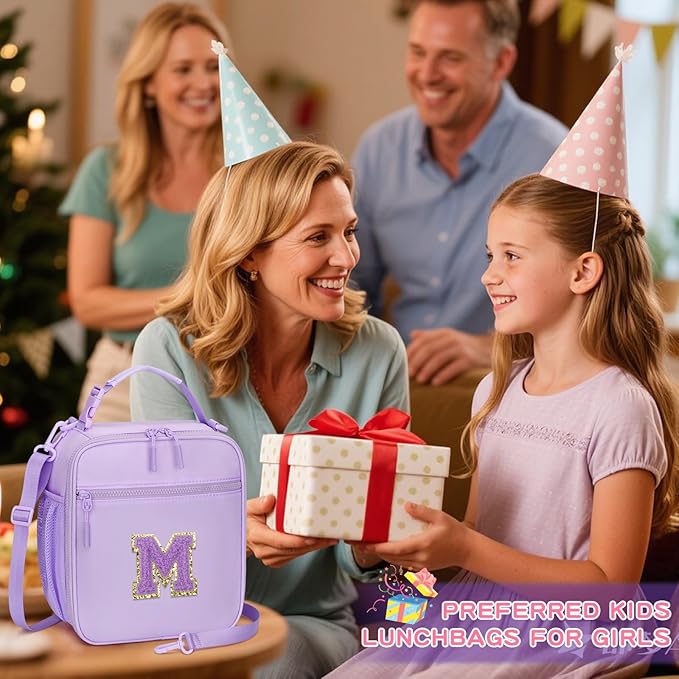 Initial Insulated Lunch Bag for Girls Kids, Back to School Gift, Reusable Leak-proof Lunch Box with Adjustable Strap for School Daycare Travel Picnic (Purple,M)