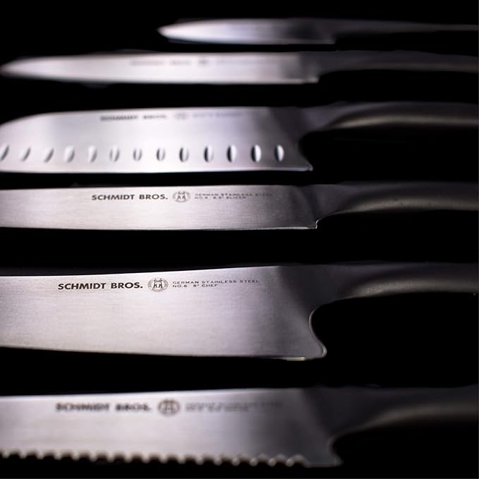 Schmidt Brothers - Carbon 6, 7-Piece Kitchen Knife Set, High-Carbon Stainless Steel Cutlery with Midtown Acacia and Acrylic Magnetic Knife Block